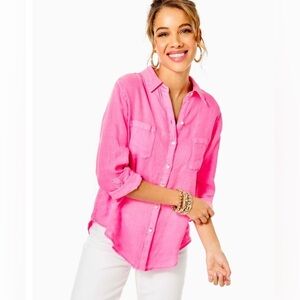 Lilly Pulitzer (M) Sea View Linen Top Button Down in Aura Pink